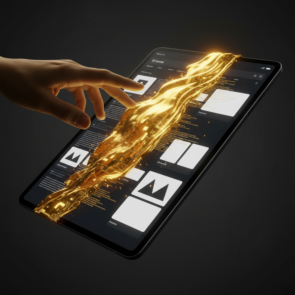 Close-up of a tablet screen where flowing, molten orange-gold liquid is transforming the digital UI/code into solid gold elements. A silhouetted hand hovers above, glowing with the same warm, brilliant light.