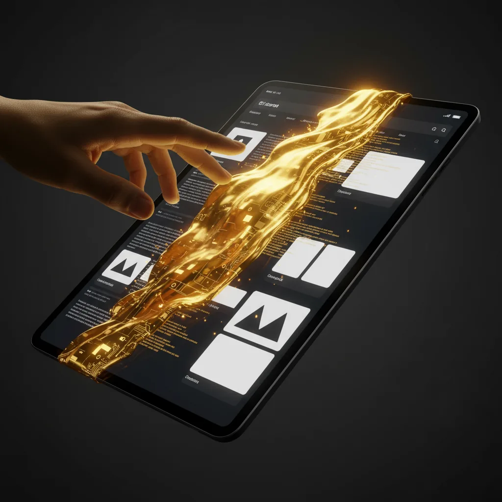 Close-up of a tablet screen where flowing, molten orange-gold liquid is transforming the digital UI/code into solid gold elements. A silhouetted hand hovers above, glowing with the same warm, brilliant light.