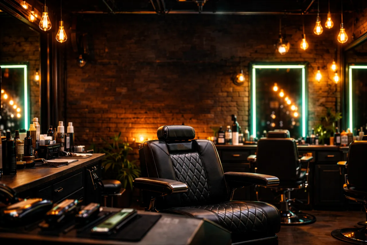 Booking-led website concept shown over a warm independent barber studio interior